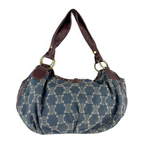 Celine Paris Macadam Shoulder Bag Denim Leather Brown Blue